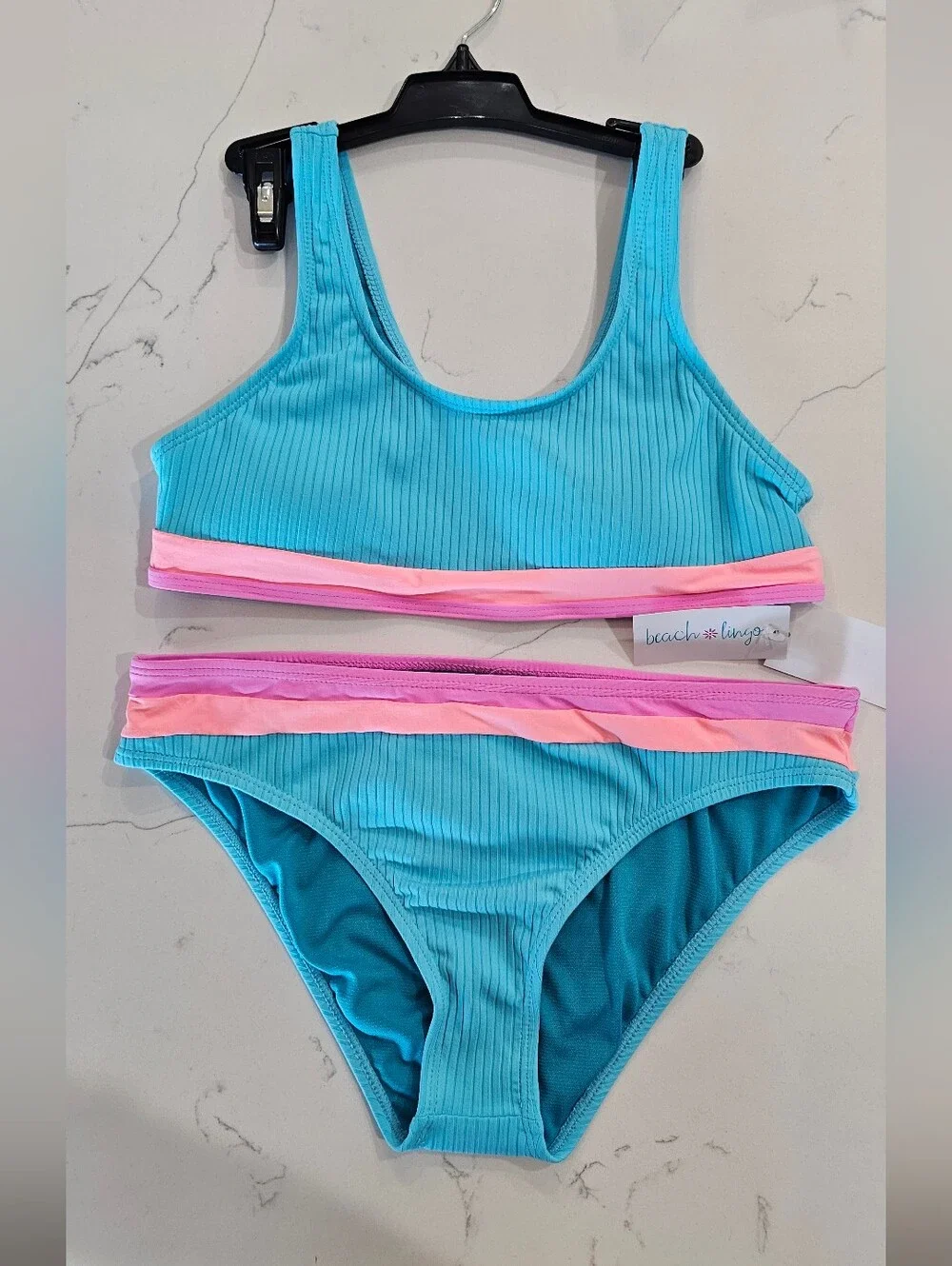Girls' Aqua Blue Ribbed Two-Piece Bikini with Pink Trim Swimsuit Size 16 NWT